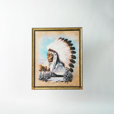 印第安戴鹰羽冠的人牛皮手绘画挂饰