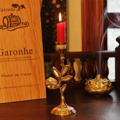 鲜花嵌贝壳黄铜烛台6.8**18.5cm