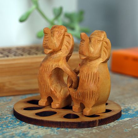 黄杨木手工雕刻情侣小象创意摆件**5.6cm